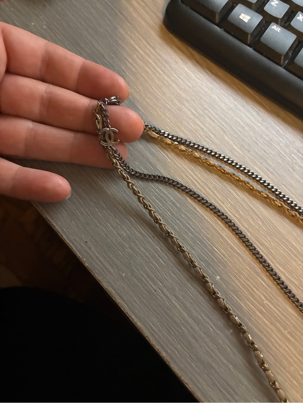 CHANEL Mixed Metal Chain Necklace with Interlocking CC Charm - Gold & Silver